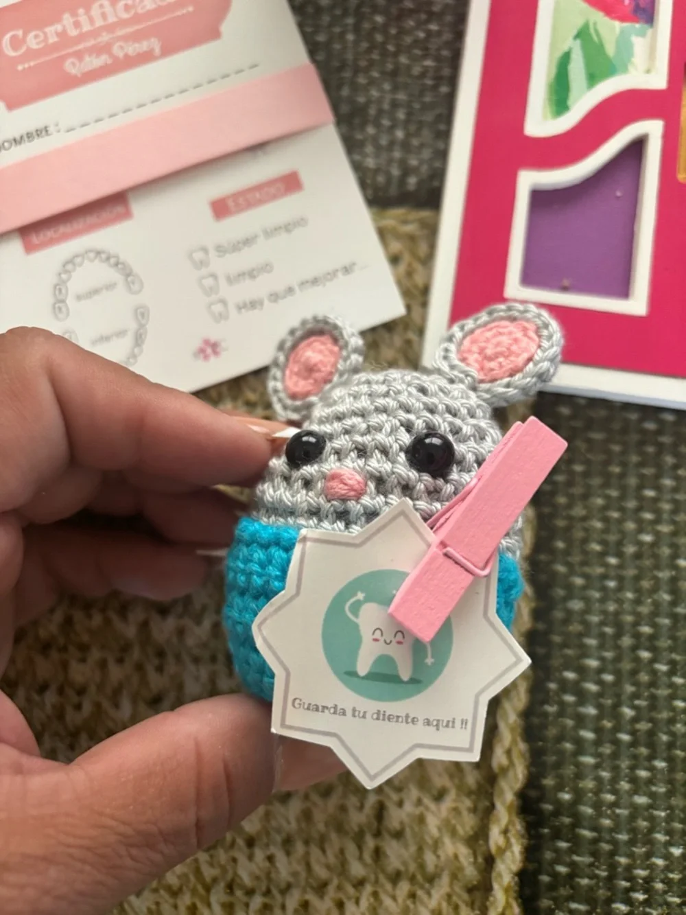 Handmade Crochet Grey and Pink Mouse Plush Toy for Kids